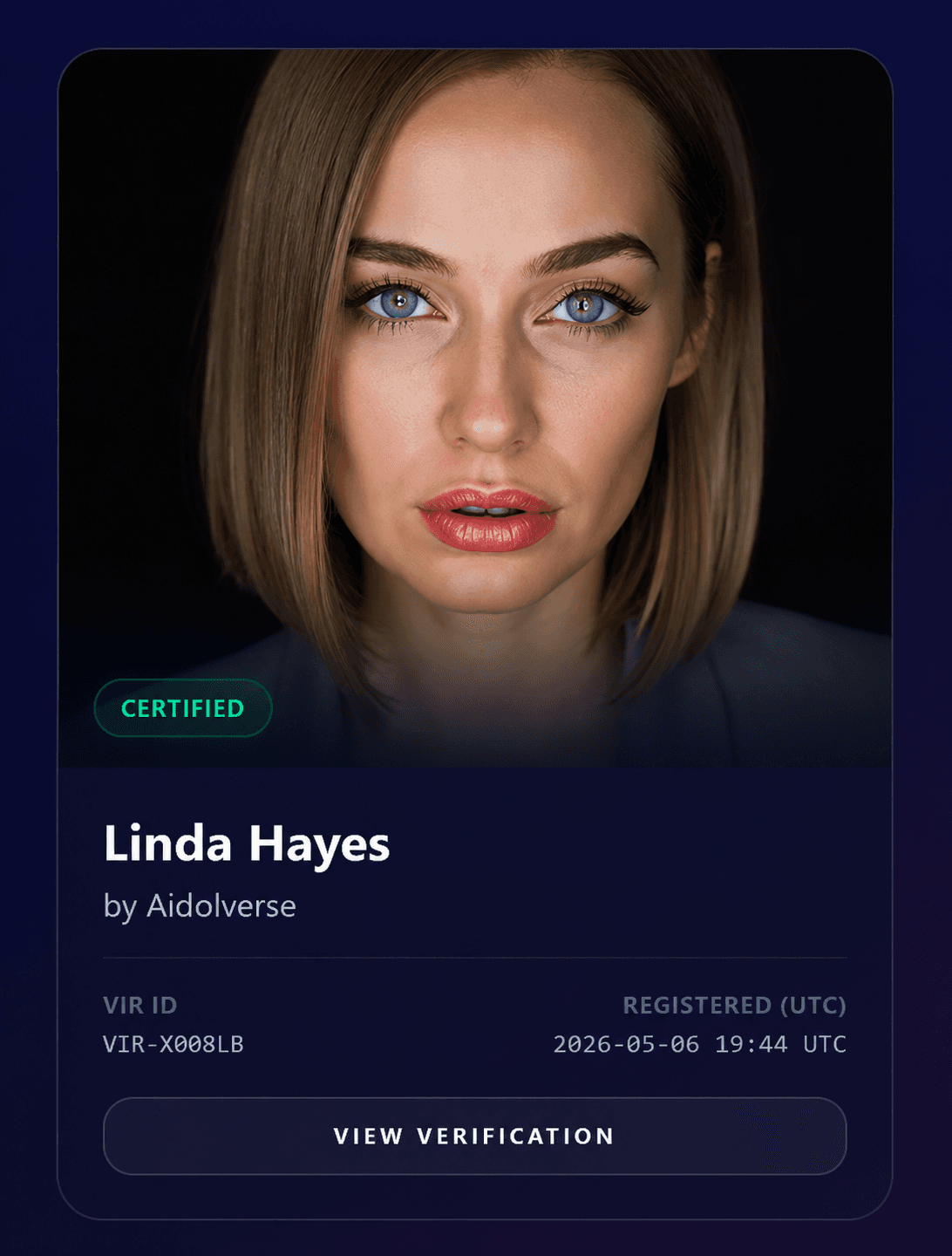 VIR Certification Card — example of certified virtual identity